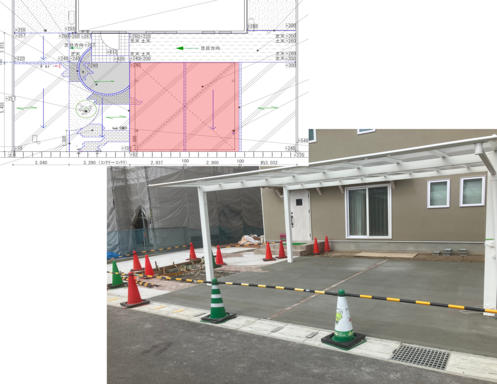 浜田市 外構工事 カーポート設置工事中の施工図と現場写真